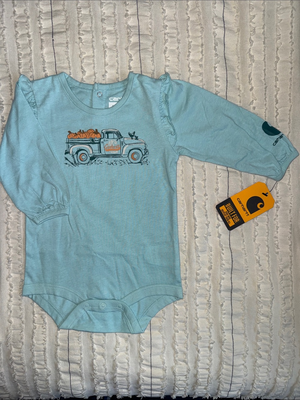 Carhartt Light Blue Long-Sleeve Baby Onesie with Pumpkin Truck